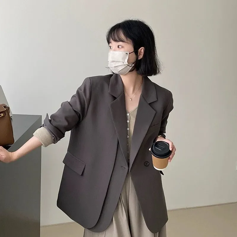 

Сплошной цвет, пиджак с длинными рукавами и пуговицами, кардиган с лацканами, женский свободный повседневный топ для поездок на работу