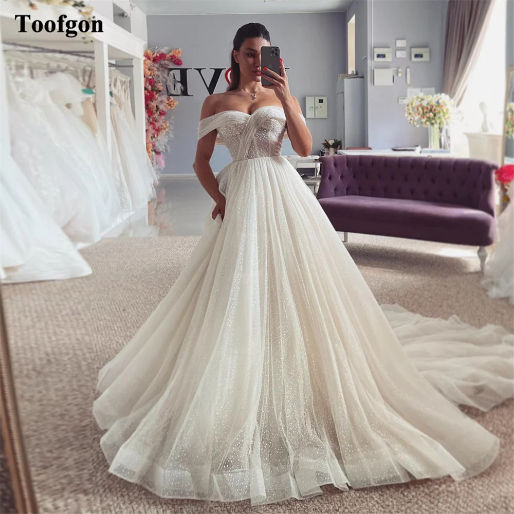 Toofgon A Line Shiny Tulle Wedding Dresses For Bride Off The Shoulder Women Bridal Gowns Party Dress Princess robe de mariée