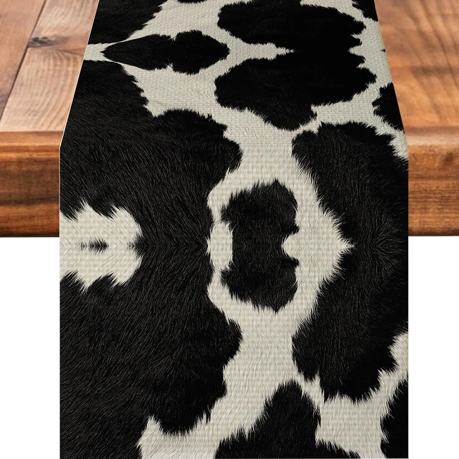 Cow Print Black Table Runner - Rustic Animal Texture Decorative Table Cover for Kitchen Dining Indoor Outdoor Party