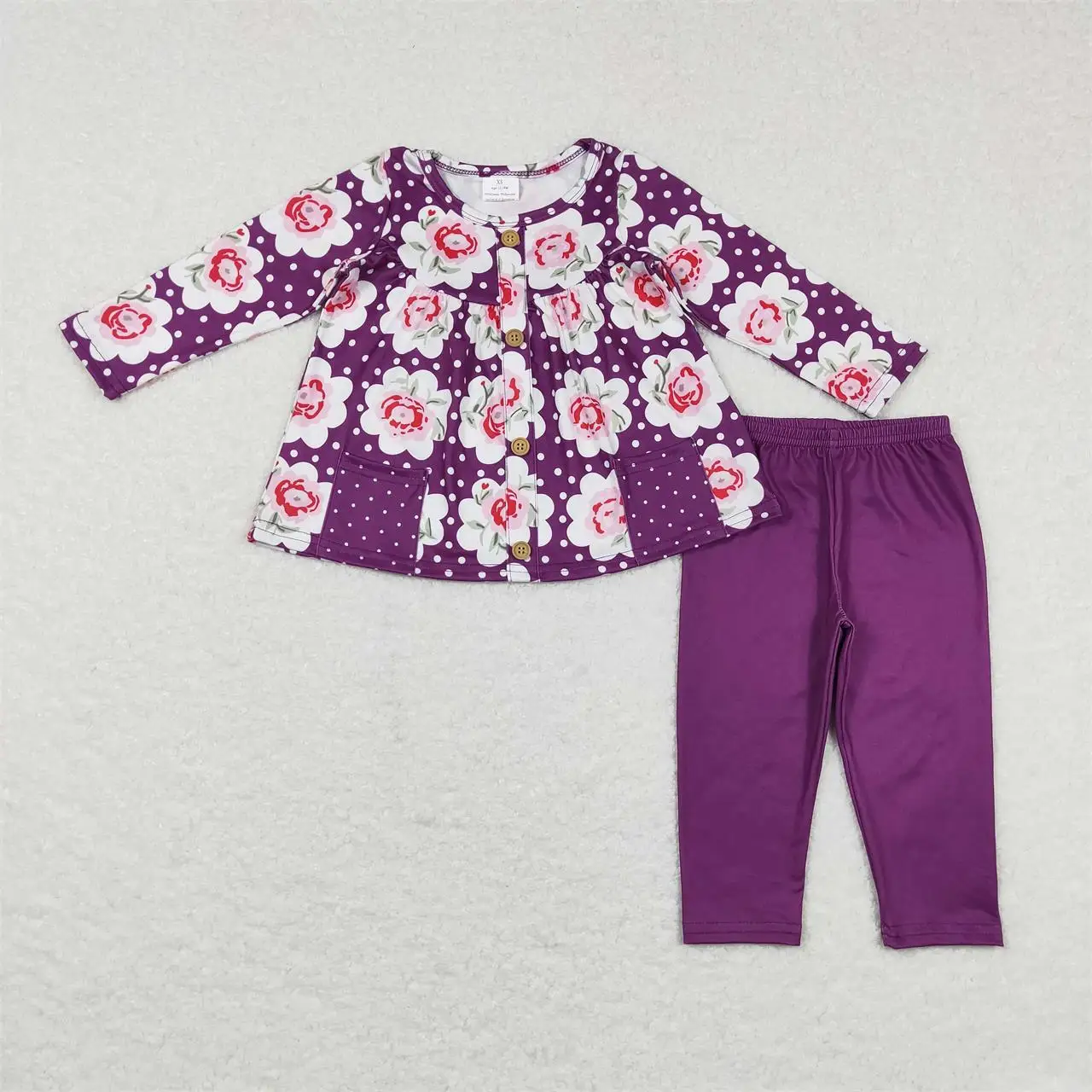 

Wholesale Baby Girl Flower Sets Long Sleeves Floral Pocket Tunic Purple Legging Pants Children Kids Two Pieces Toddler Outfit