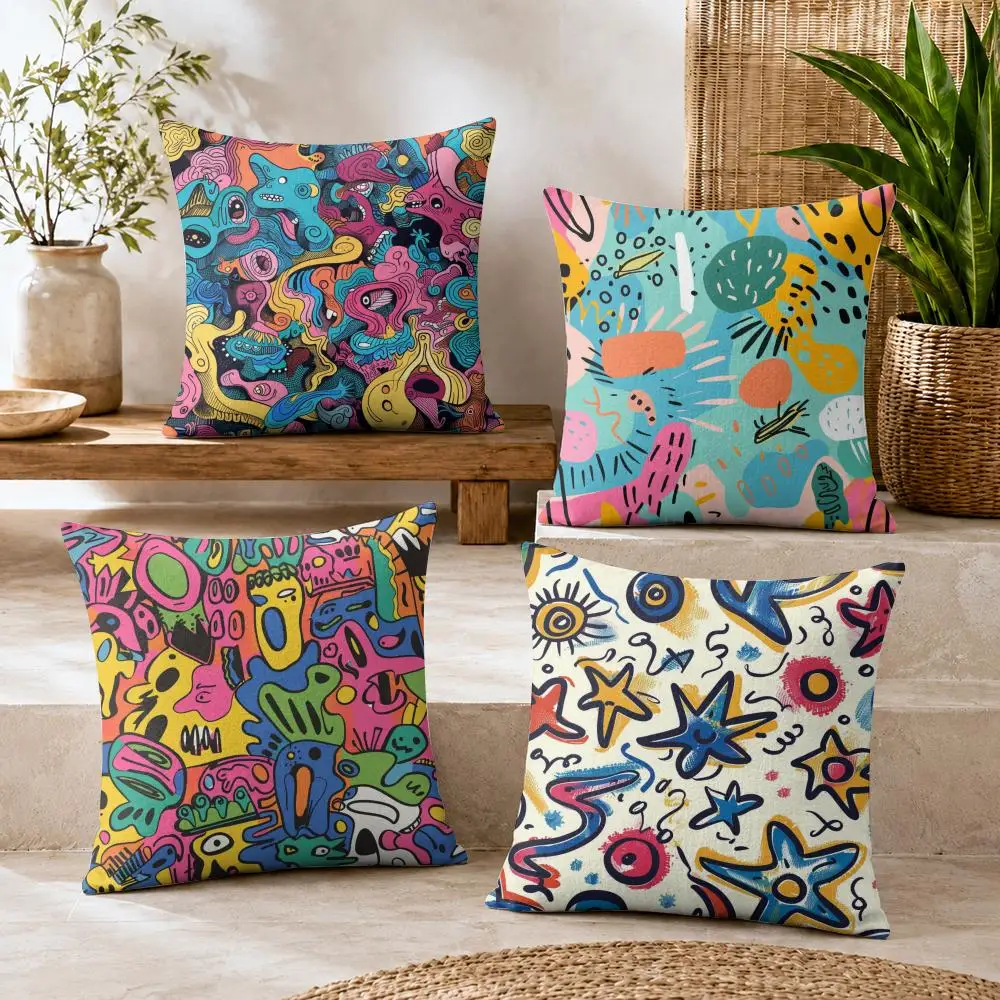 Sweet Graffiti Cushion Cover Summer Coolness Linen Organic Fabric Sofa Pillow Case Double-Sided Printing Home Decor