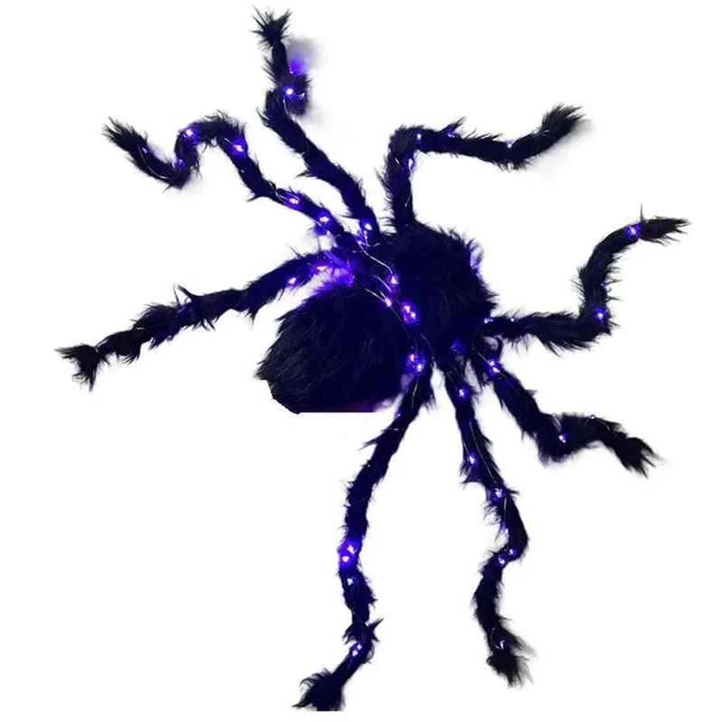 Halloween Spider Decor, Fake Giant Spider with LED Lights, Light Up Black Hairy Spider for Halloween Yard 90CM