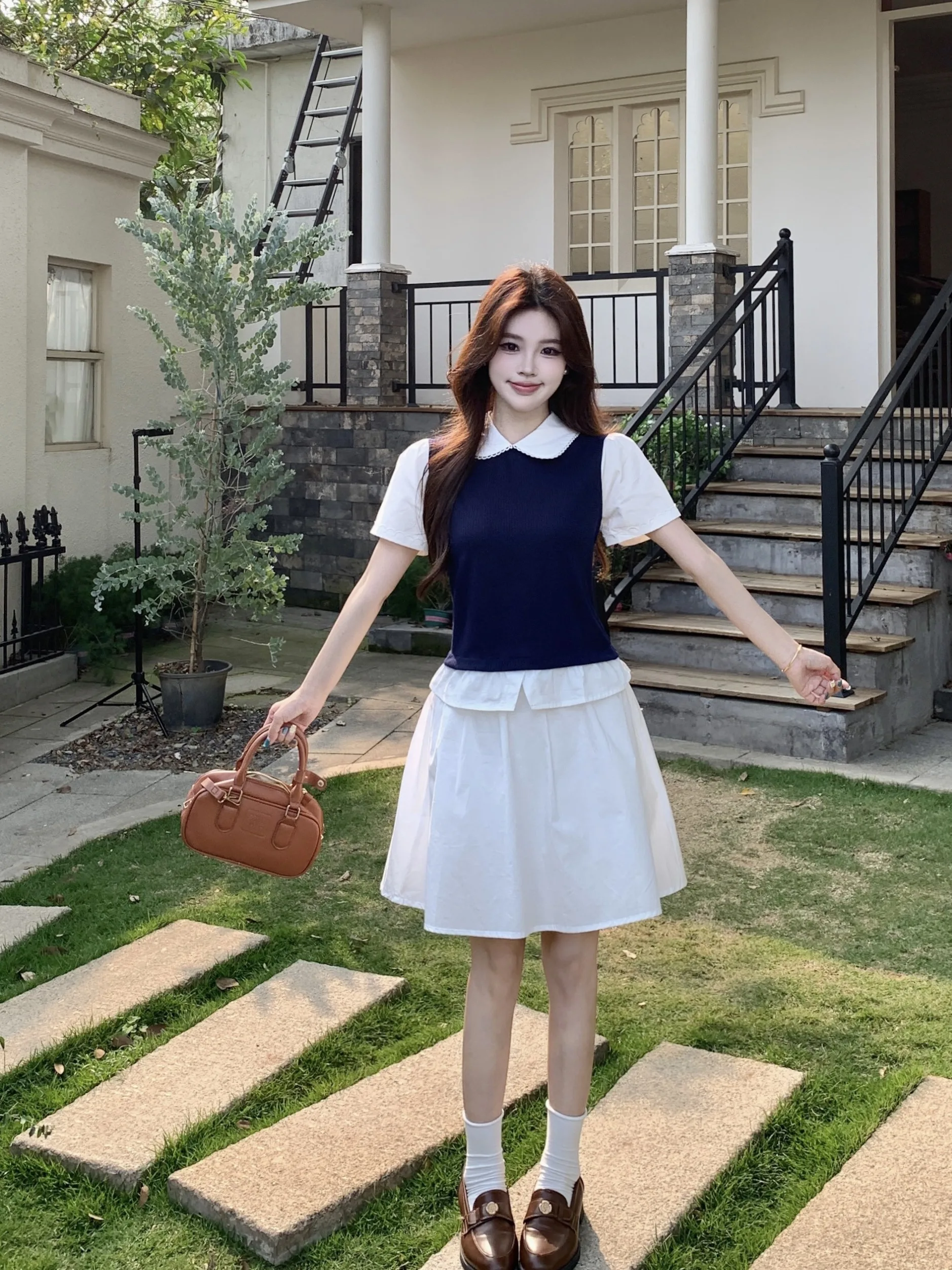 

Женская летняя трикотажная рубашка больших размеров с пэчворком и модная юбка А-силуэта с высокой талией в корейском стиле, с коротким рукавом, для повседневной носки