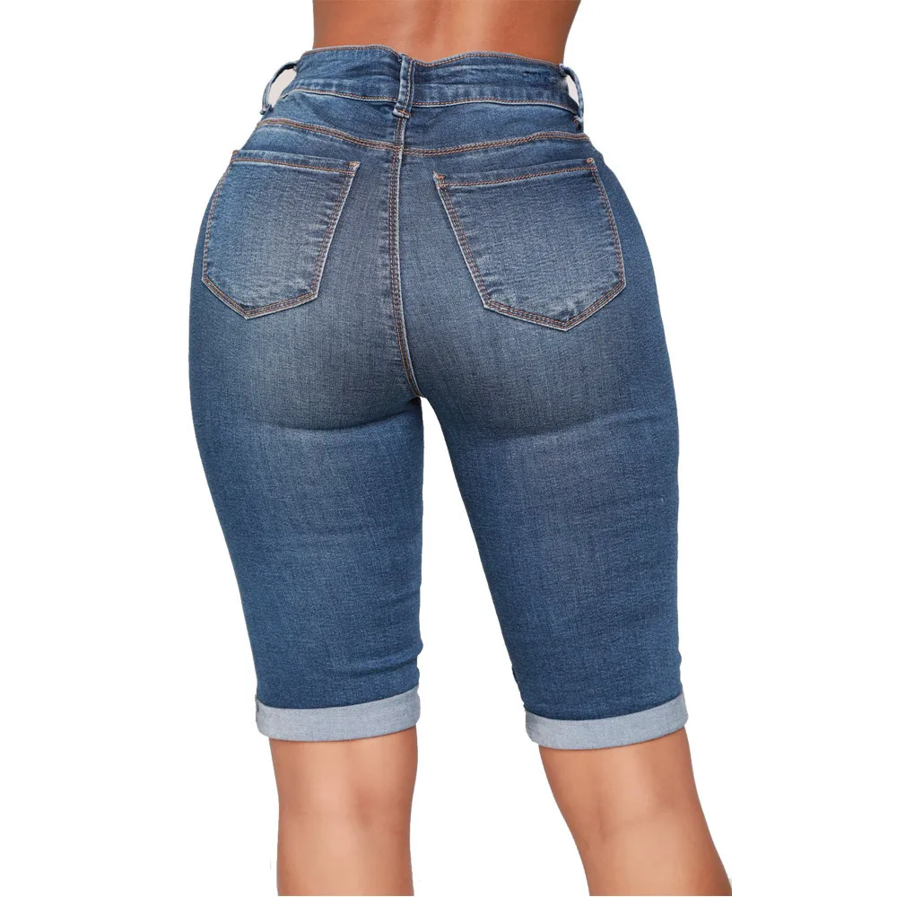 2023 Summer Fashion New Grain Casual Solid Color High Waist Women's Denim Middle Pants