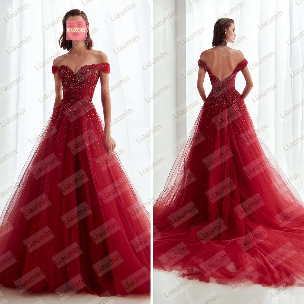 Red A Line Lace Applique Beading Off The Shoulder Wedding Formal Prom Dresses Bridal Floor Length Customized Hand Made W19-41