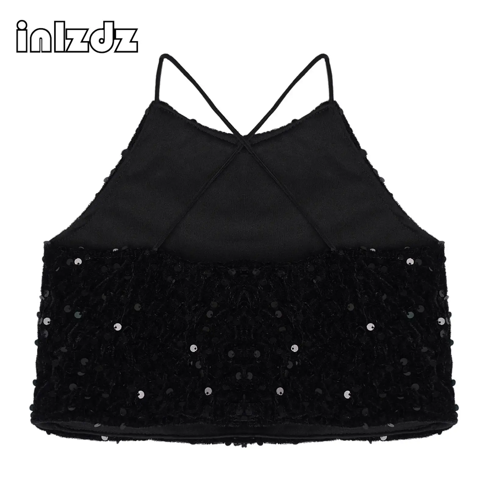 

Kids Girls Sequins Velvet Hip Hop Crop Top Jazz Dance Performance Costume Sleeveless Cross Back Camisole Stage Competition Wear