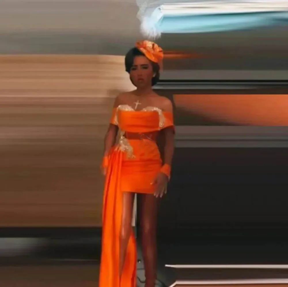 Orange Short Cocktail Dress Without Gloves Beads Sequins Side Train Prom Dress Aso Ebi Birthday Wedding Party Gowns