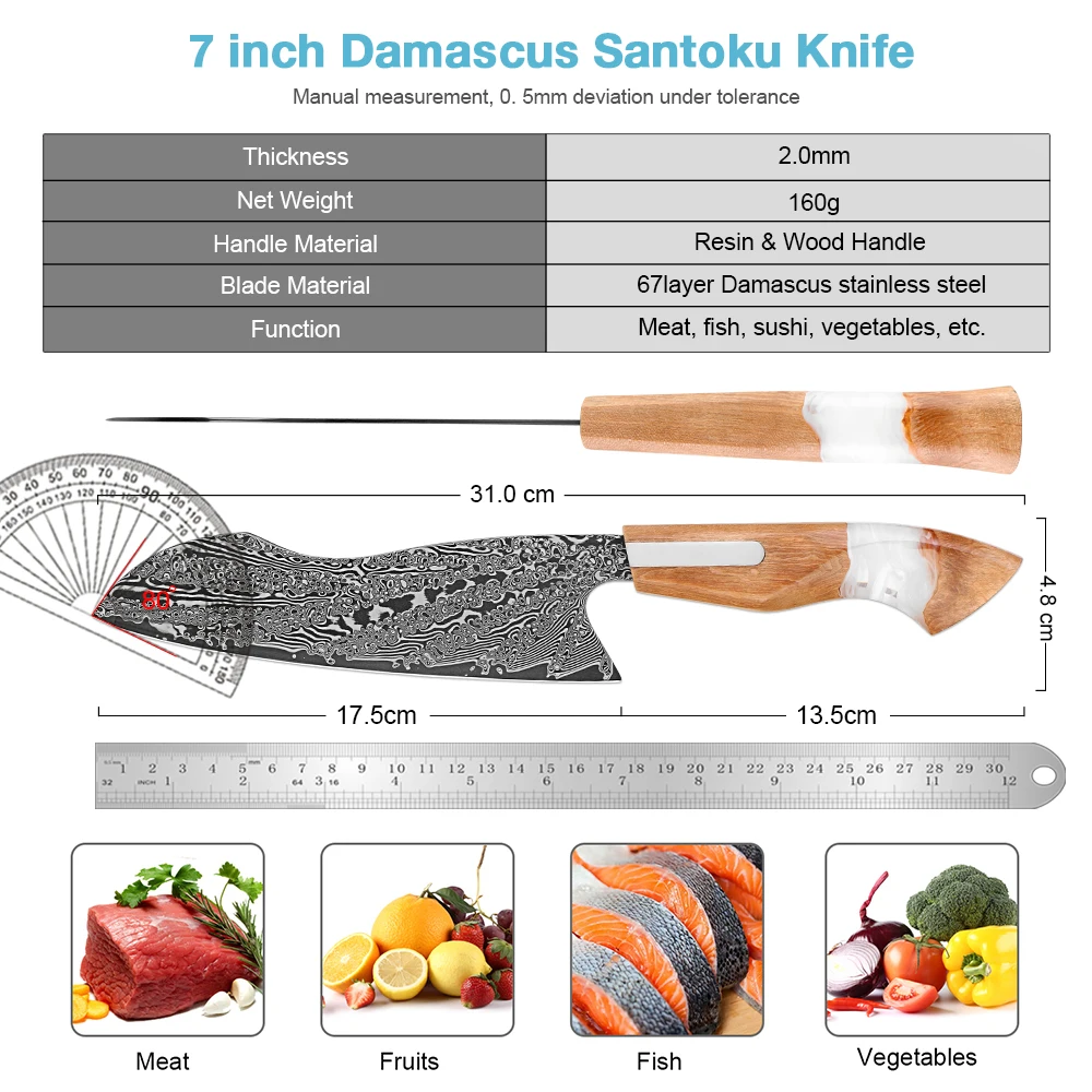 Japanese Damascus Santoku Knife 7 Inch Chef Knife for Meat & Vegetables Sharp Professional Kitchen Knife Premium Cooking Knives