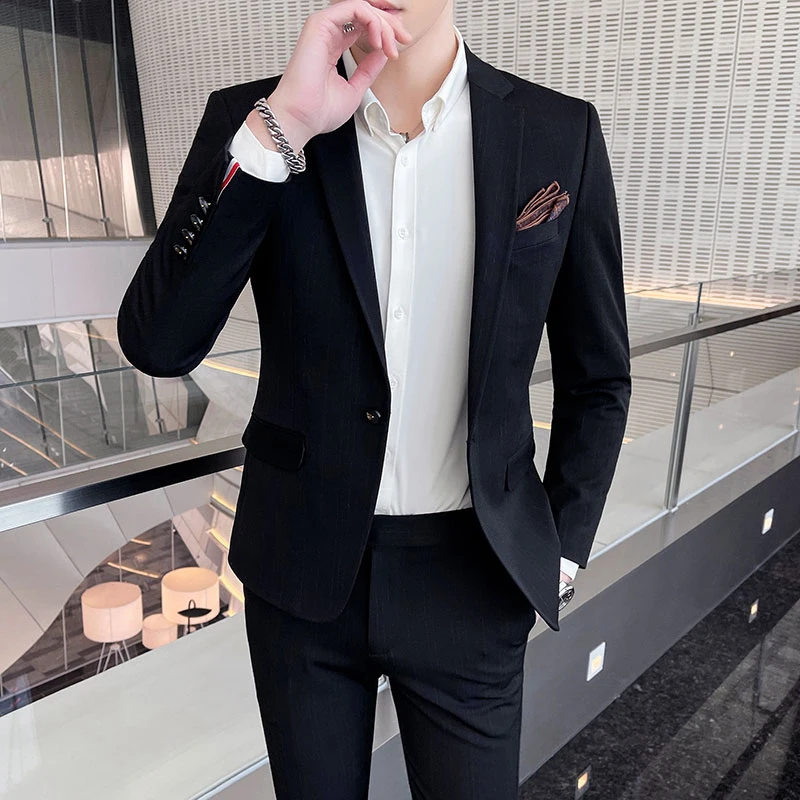 

2024-New (Blazer+ Pants) Men Gentleman Slim Business Trend Casual Stripes with British Style Personality Fashion Handsome Suit