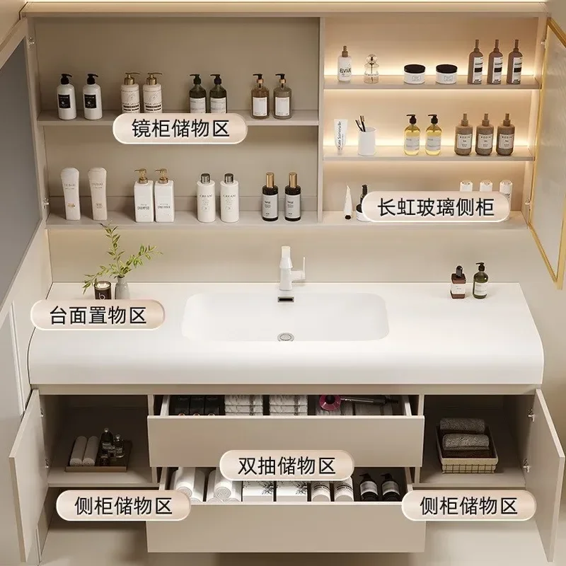 Corian Cream Bathroom Cabinet with Integrated Sink Modern Wall Mounted Vanity Unit Washbasin Combo for Toilet and Bath Room
