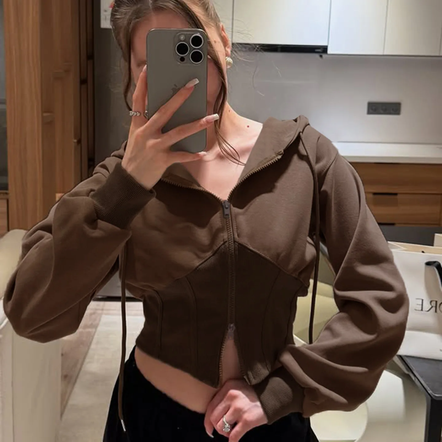 

Street retro brown loose patchwork hooded lace up casual hoodie spicy girl sweatshirt