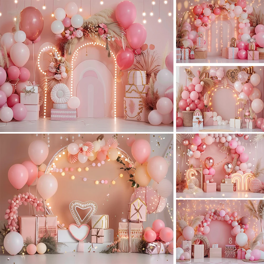 Boho Photography Background for Girls Birthday Party Shiny Lights Balloon Wall Gift Backdrop Decor Kids Cake Smash Photo Studio