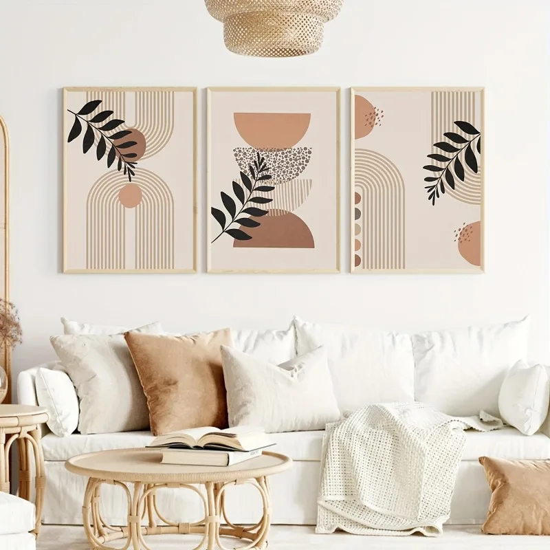 3pcs/set Unframed Canvas Poster, Modern Boho Wall Art Poster, Geometry Semicircle Botanical Leaf Painting, Wall Art Decor