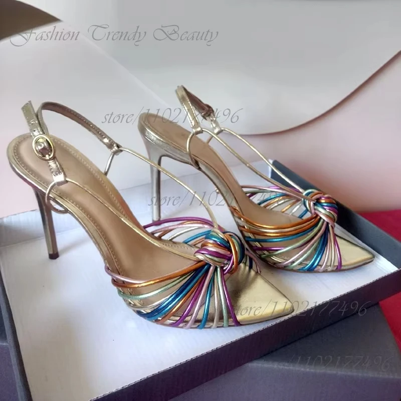 

Woman Pinstripe Gold Pointed Hollow Color Stripe Sandals Girl Bright Heel Bling Slingback Party Cute Rainbow Graffiti Mixed Shoe