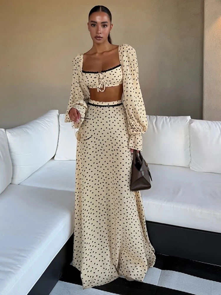Langärmlige, kurz geschnittene Oberteile mit Polka Dots, lange Röcke, Anzüge für Damen, sexy, geteilte Spitzenoberteile, A-Linien-Röcke, Sets, schicke Damen-Partykleidung, neu – Detail 12