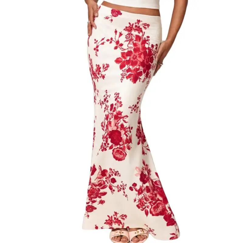 Moda verão longo vermelho flor saia faldas largas sexy malha lápis saias das mulheres jupe longue boêmio saia longa saia longa