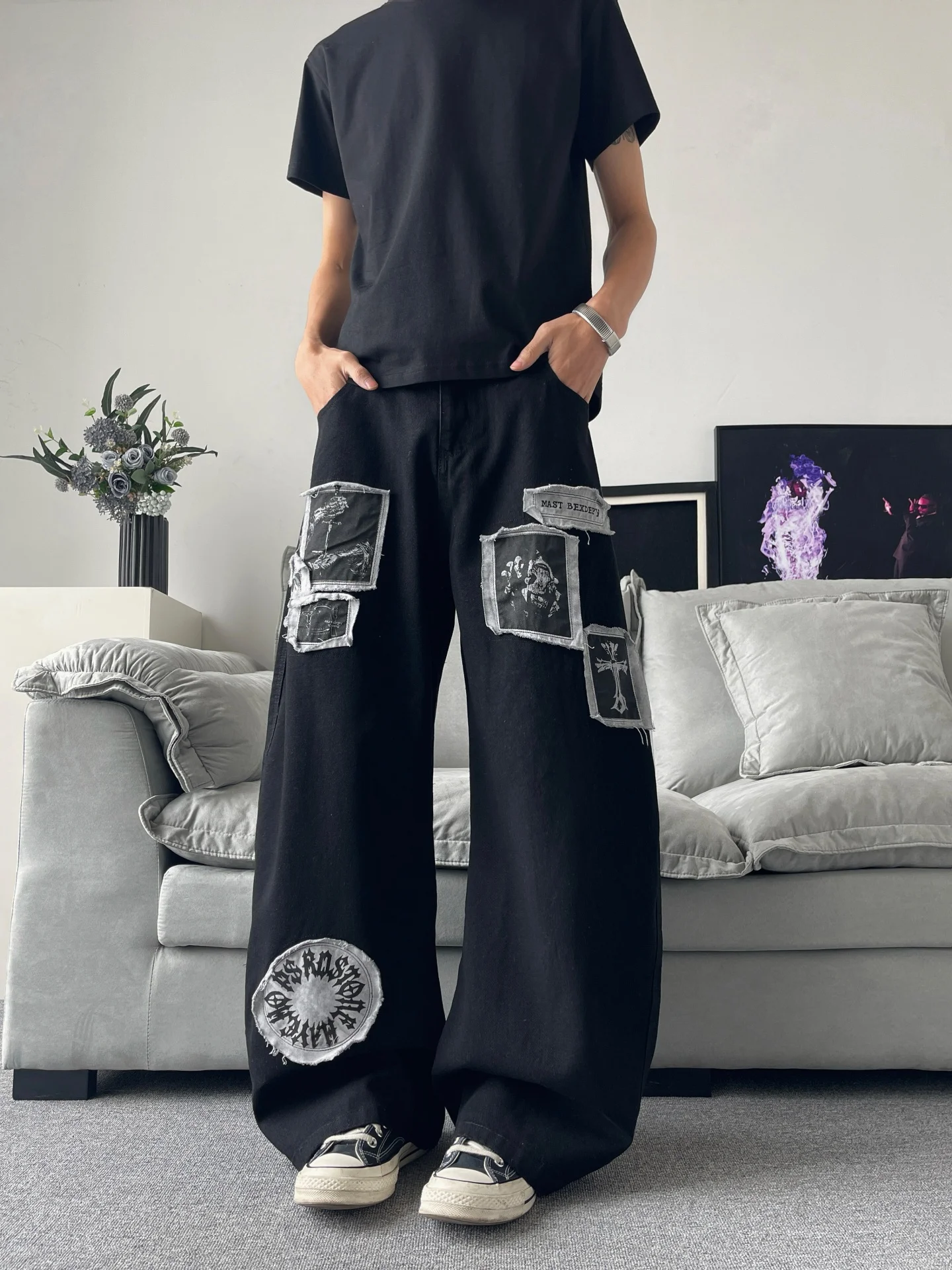 

Punk Style Embroidered Patchwork Men's Jeans 2026 New Wide Leg Street Hip Hop Slimming Knife Long Pants Casual Loose Fit