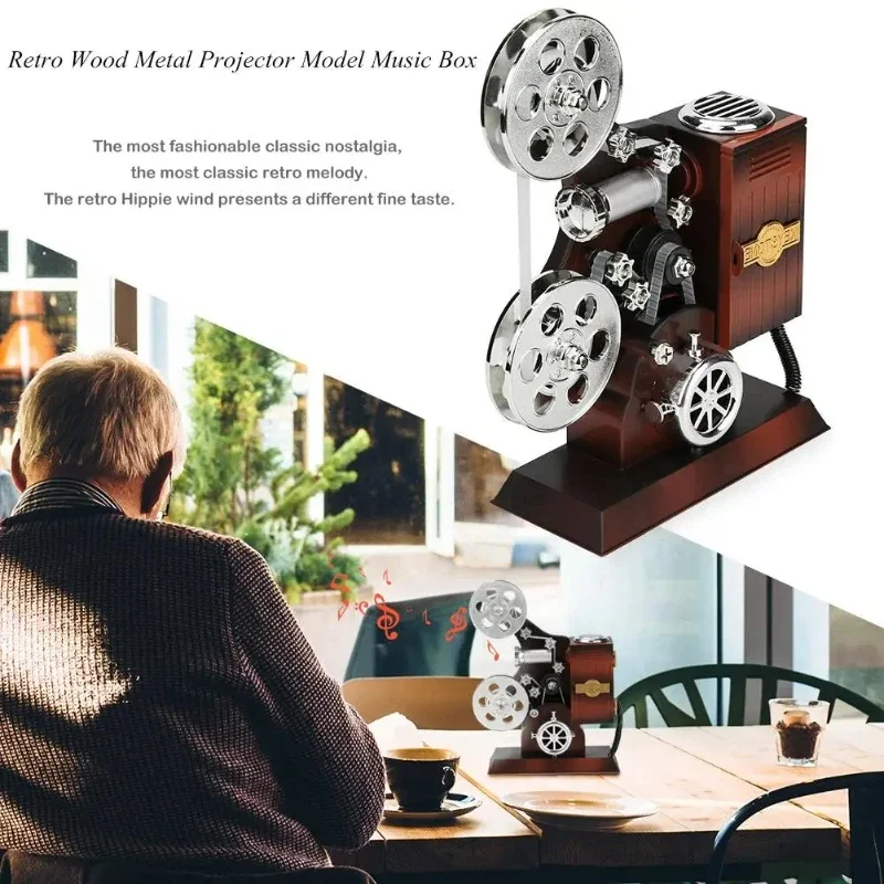 

Wind-up Vintage Projector Shaped Music Box with Mirror & Divided Storage, Creative Kids Gift Desktop Ornament