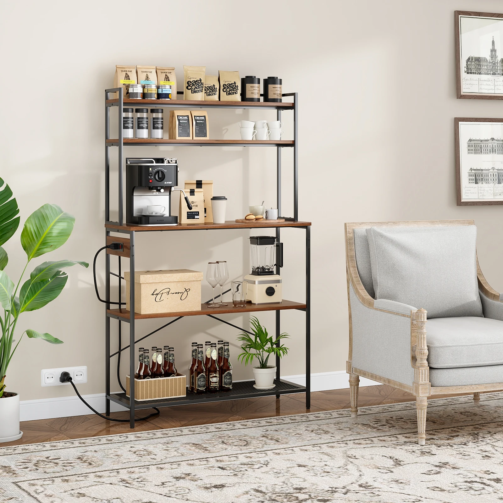 

Large 5-Tier Bakers Rack with Electrical Outlets, 39 Inch Microwave Stand & Coffee Bar, Kitchen Storage Shelf