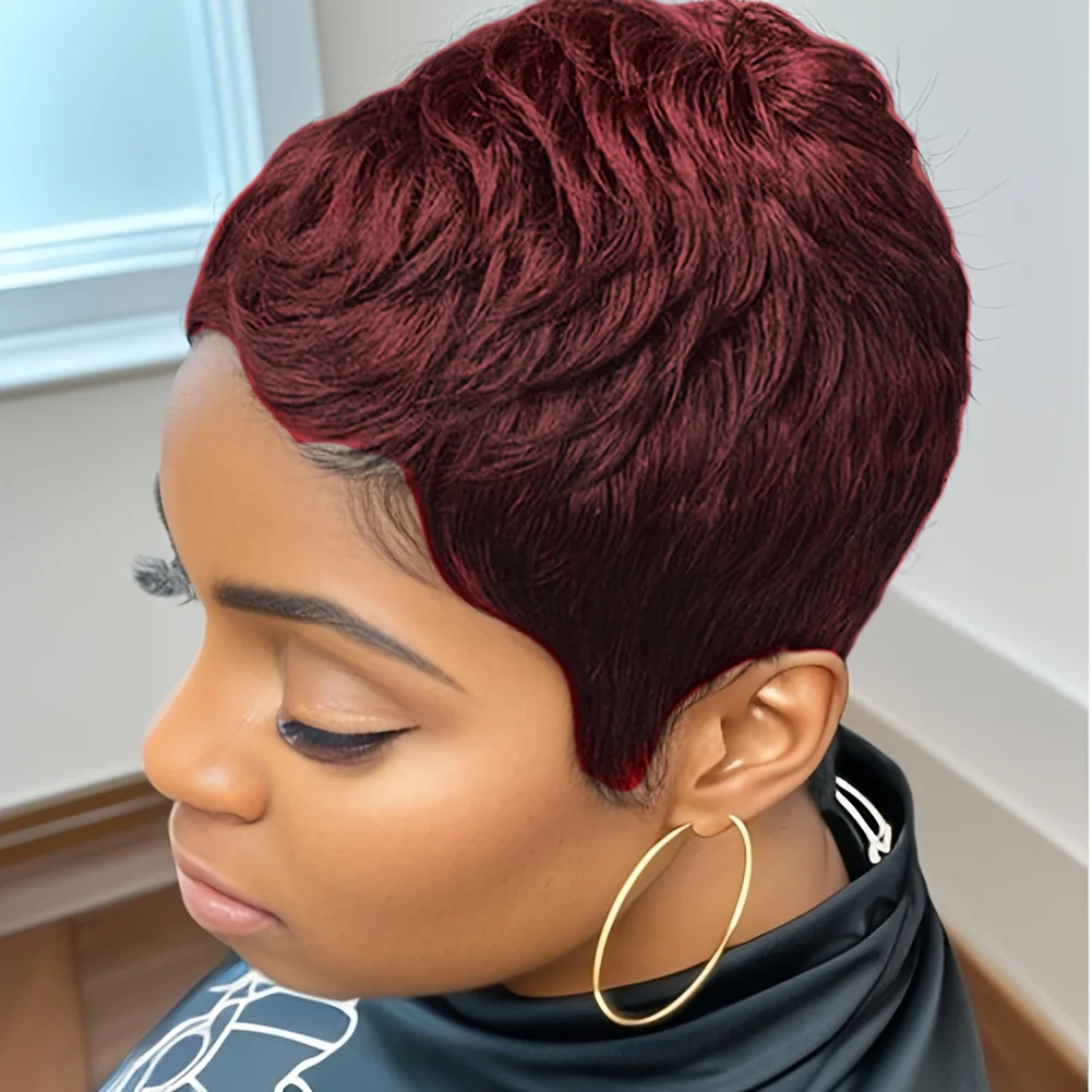 여성용 짧은 픽시컷 가발 150% 밀도 인모 풀 머신 메이드 가발