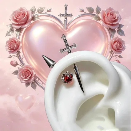 Punk Gothic Sword Cross Ear Studs Red Crystal Spike Ear Cuff Cool Women Halloween Dark Jewelry