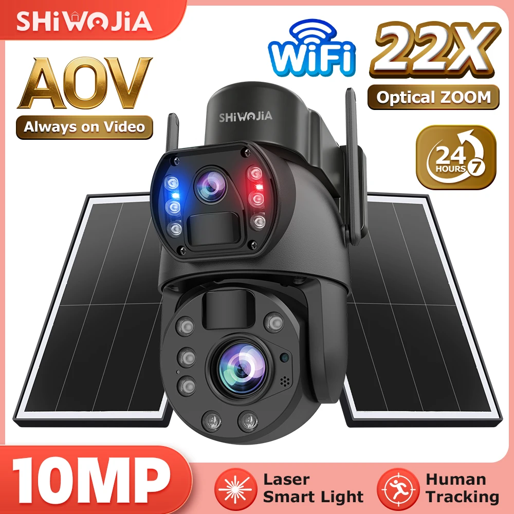SHIWOJIA 8K 15MP 4G Solar Camera 22X Zoom Len Recording Humanoid Tracking Outdoor WIFI Camera Metal Waterproof CCTV 20800mAh