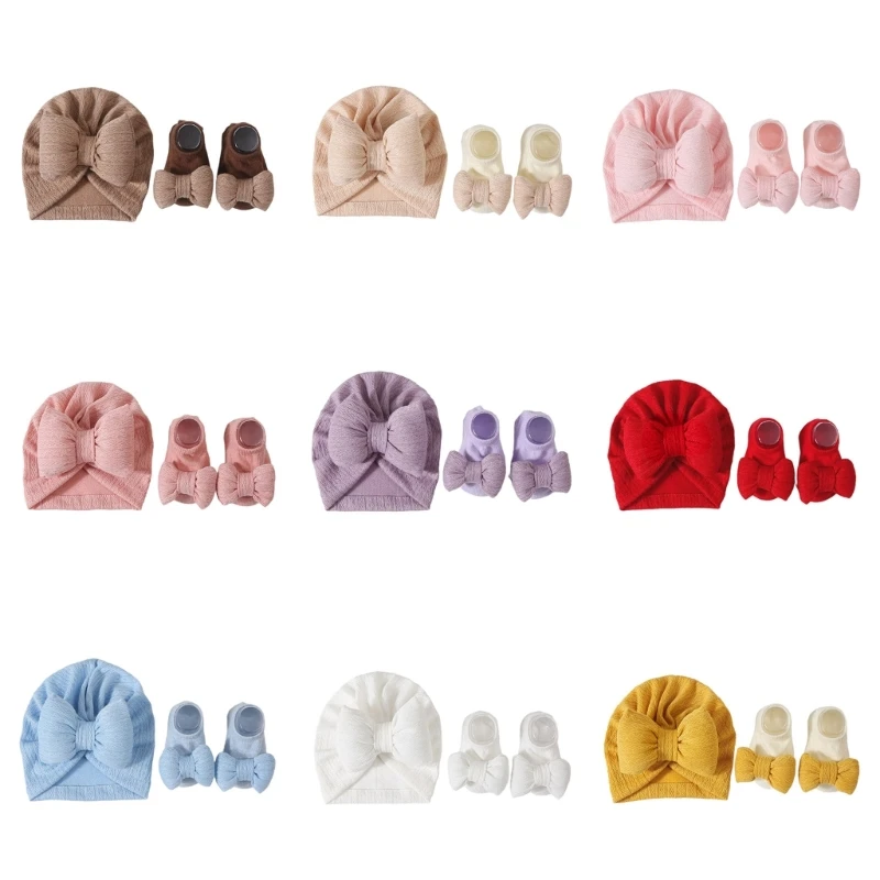 Infant Indian Baby Girls Bowknot Socks Set Baby Turban Hat with Sokcs