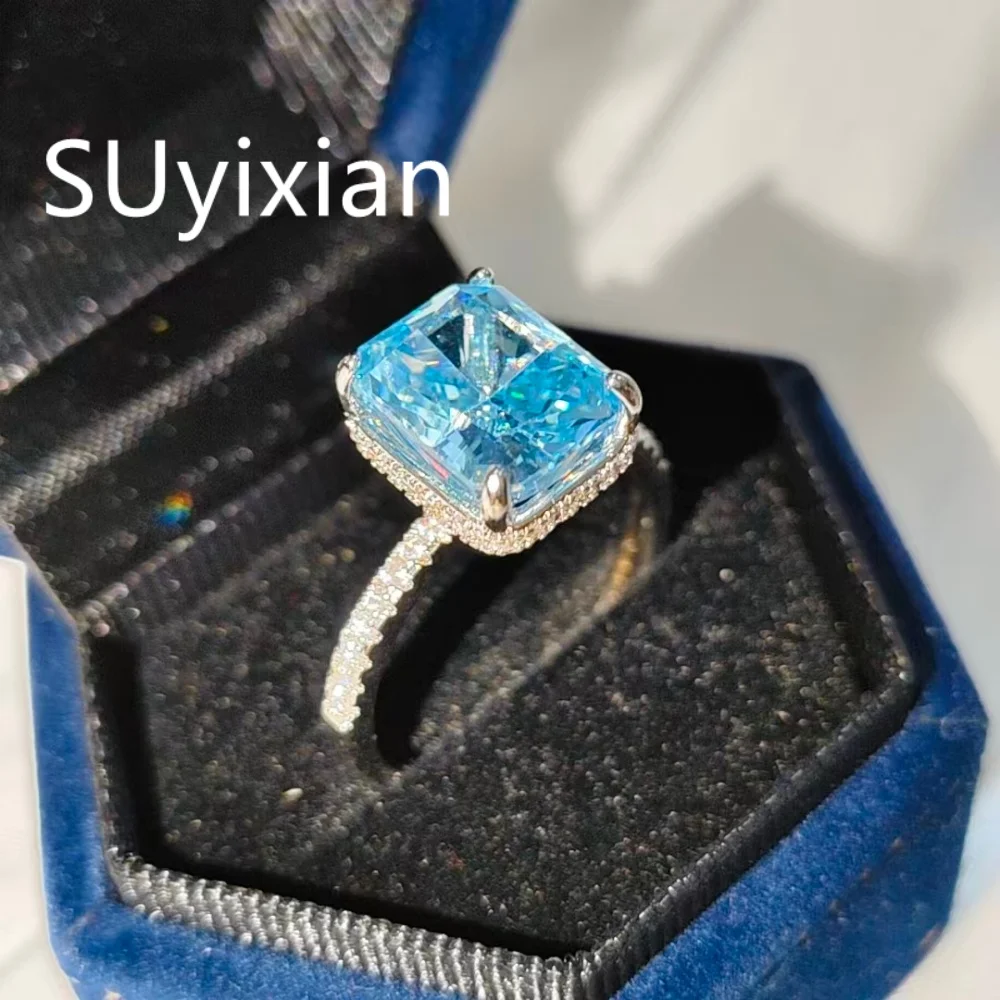 925 Sterling Silver Stylish Simple Rectangle Color Zircon Ice Flower Cut Ring Birthday Party Anniversary Gift