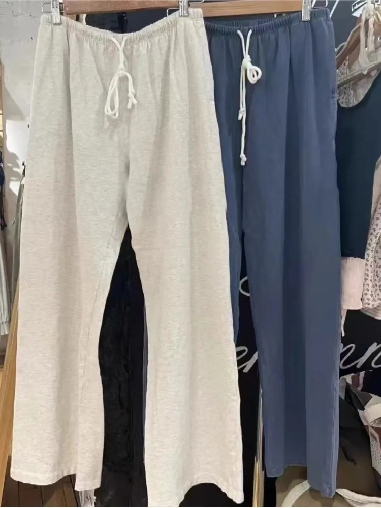 Nowe wiosenne jesienne luźne damskie spodnie dresowe jednokolorowe szare spodnie z szerokimi nogawkami ze sznurkiem codzienna odzież sportowa długie spodnie mieszanka bawełny