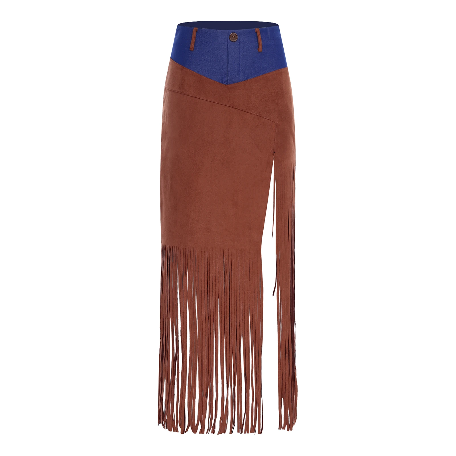 

Womens Cowgirl Tassel Midi Skirt Denim Faux Suede Patchwork Front Fringe Sides-split Skirt for Jazz Music Festival Casual Wear