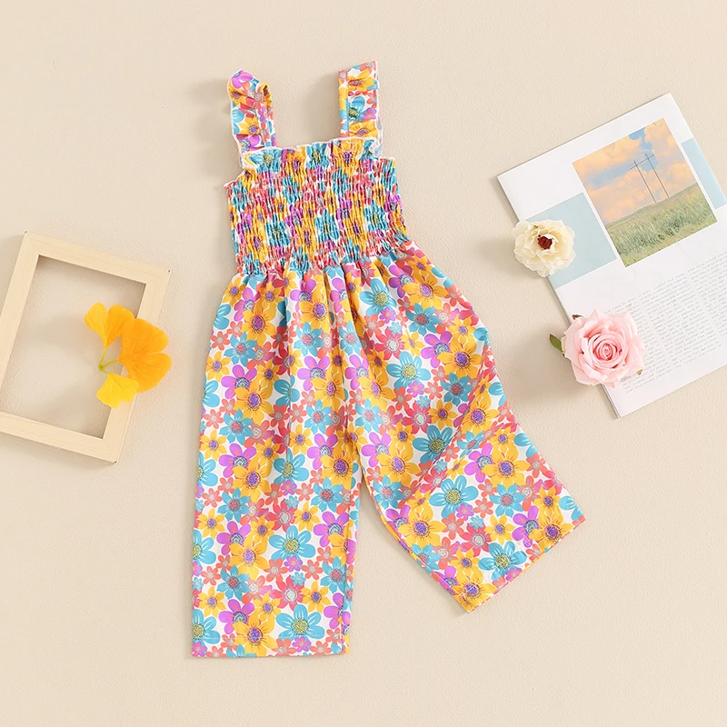 Toddler Baby Girl Summer Outfit Ruffle Sleeveless Romper Smocked Floral Jumpsuit Playsuit Suspender Pants