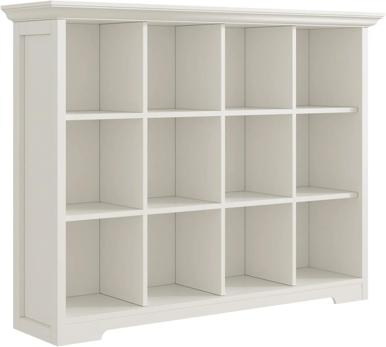 12-Cube Open Bookcase with Base, 3-Tier Wooden Bookshelf, White | Curved Base, Crown Molding, Fits 11×11