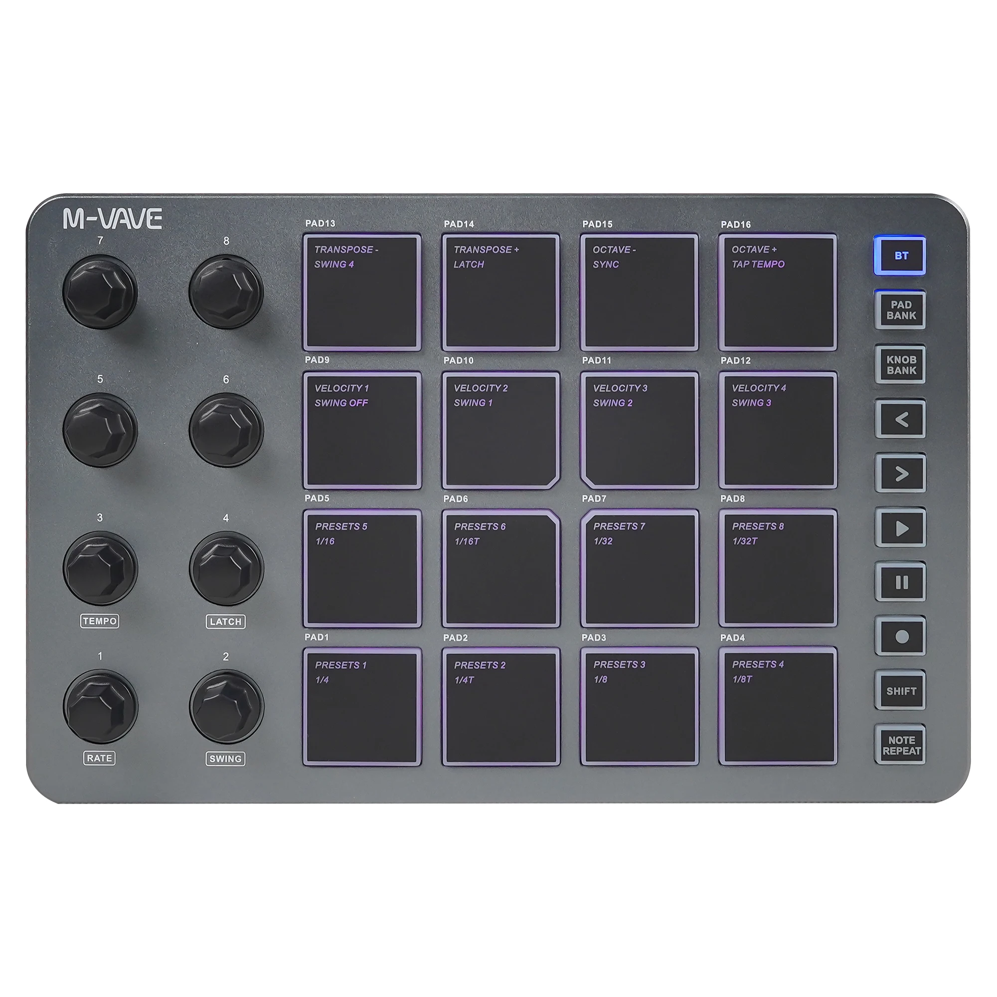 

Беспроводной MIDI-контроллер M-VAVE SMC-PAD Gray с 16 динамическими пэдами, 8 регуляторами и USB-C для музыкального производства и студийной записи