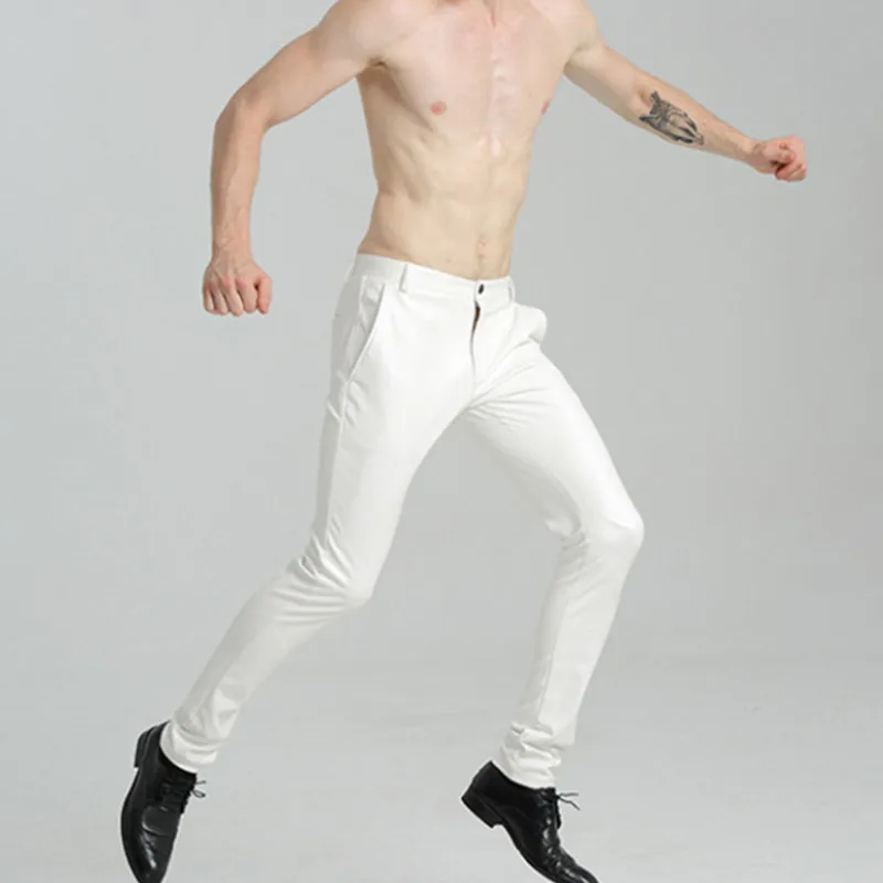 New Men's Pu Pantsmen Pu Pants 2023 Spring Leather Trendy Male Casual White Trousers Sexy Faux Skinny Streetwear