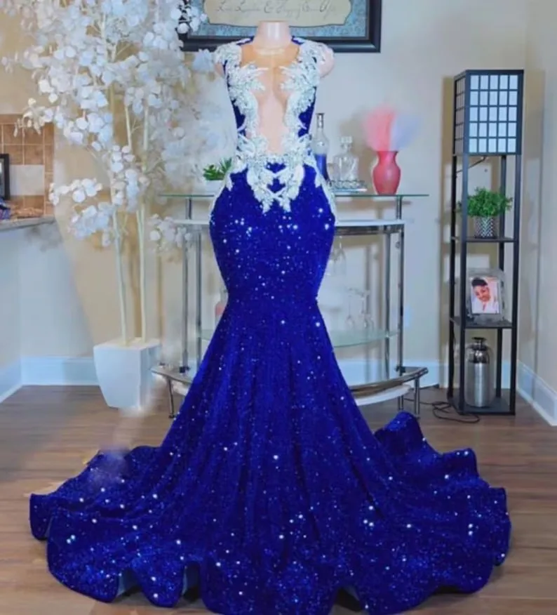 African American Mermaid Prom Dresses, Sheer Sequins Appliques, Black Girls Nigeria Robe, Vestido de noite, Royal Blue