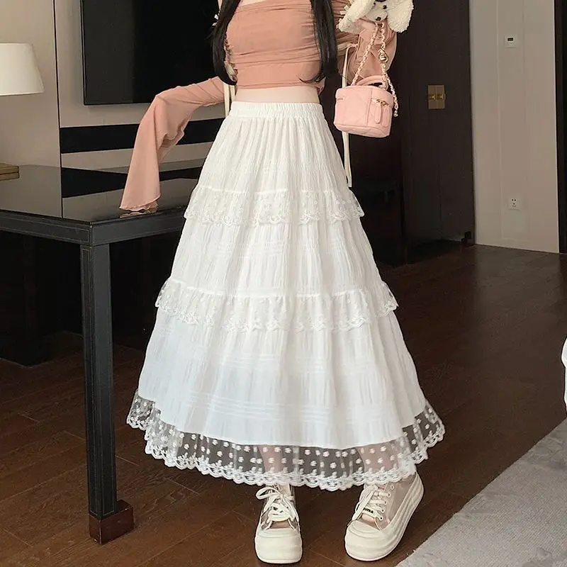 

Новая женская длинная юбка 2026 года, весна-лето, в стиле «Фееричный дворец», с кружевом, оверсайз, расклешенная, средней длины