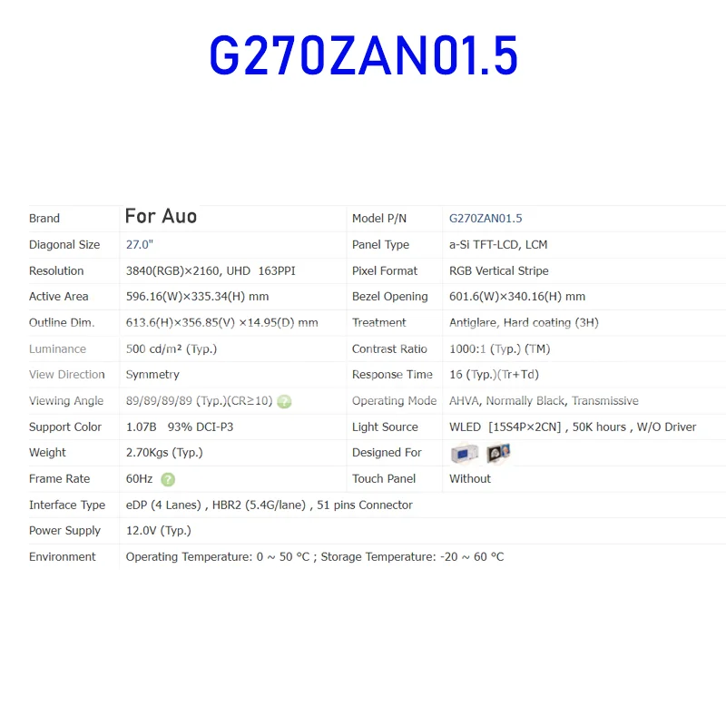 G270ZAN01.5 27.0 Inch Industrial LCD Display Screen Panel Original for Auo 51 Pins Connector Brand New 100% Tested