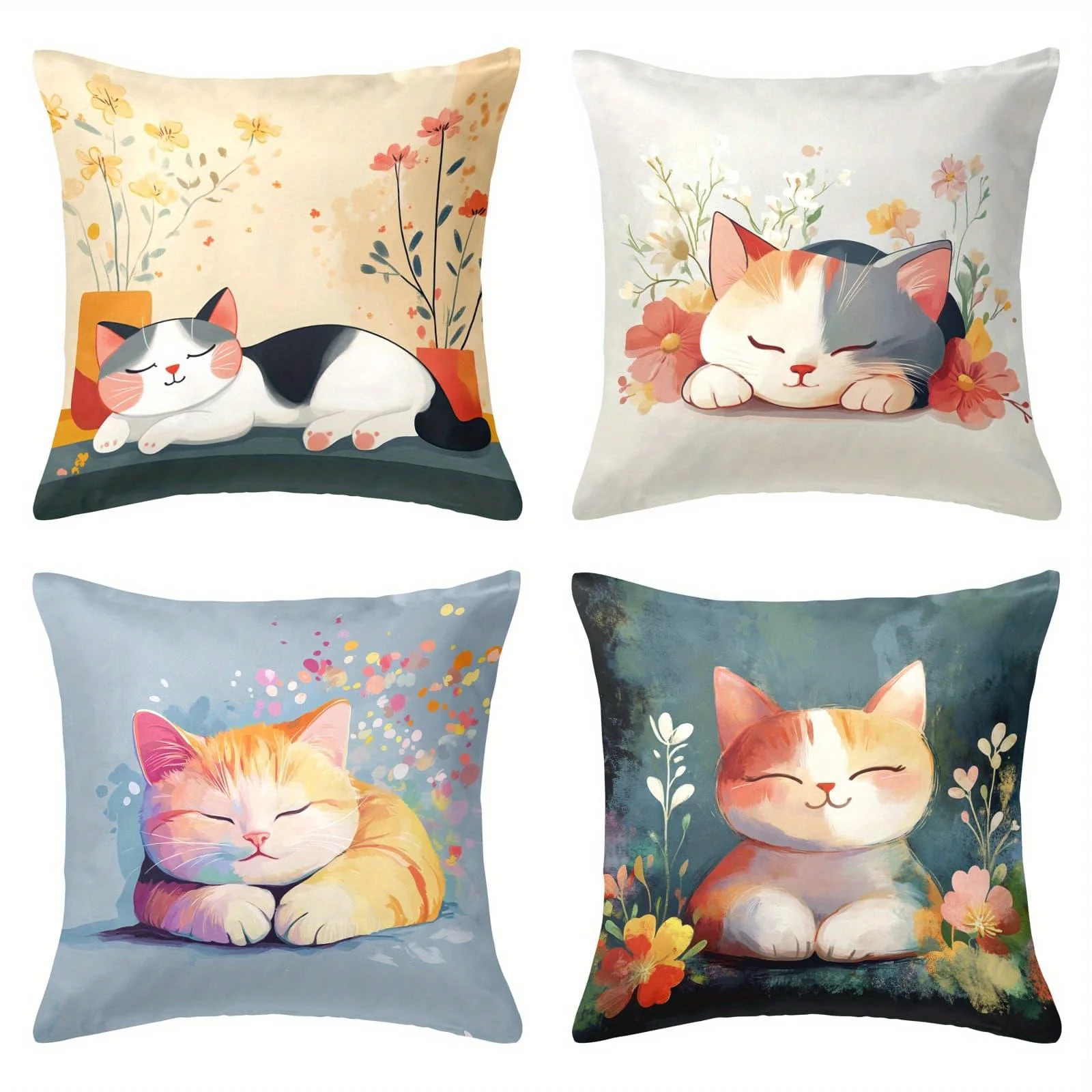 

Whimsical Cat Pillowcase Set 4pcs Watercolor Kitten Throw Cushion Cover Decor for Nursery Kids Room 40x40cm