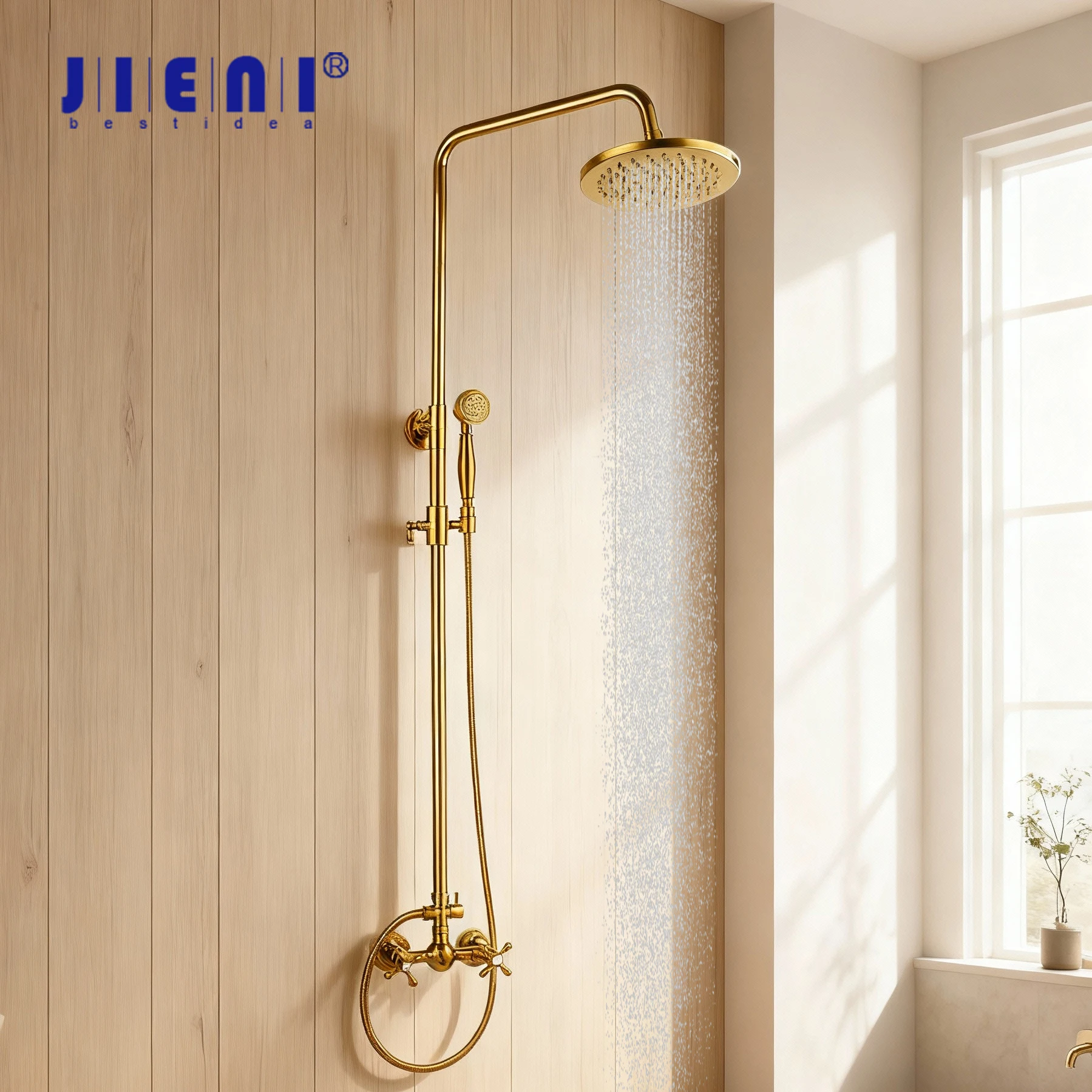 

JIENI Golden Shower Fixture 8" Brass Rainfall Shower Mixer Tap Wall Mounted Sliding Bar Shower Faucet Set W/ Handheld Spray