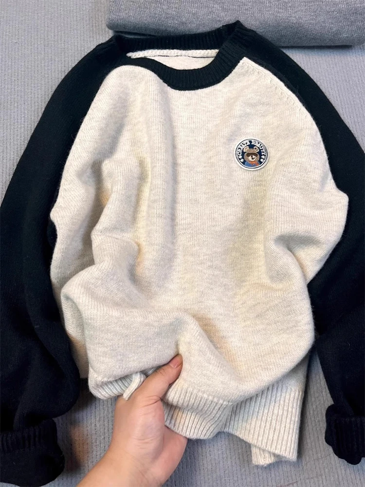 Women's Two-tone Pullover Knitted Sweater Harajuku Y2k Long Sleeves O-Neck Sweater Jumper Vintage 2000s Aesthetic Clothes Autumn