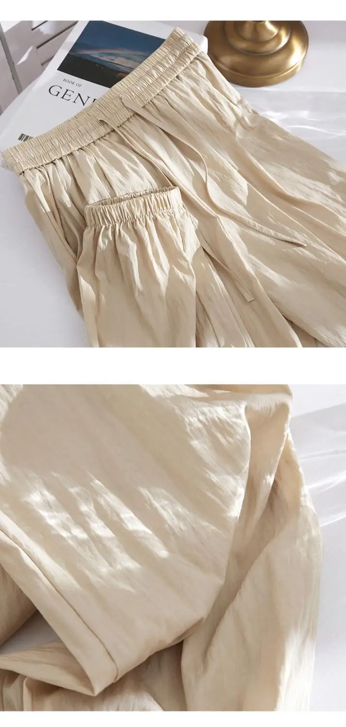 ผ้าไหมน้ําแข็งผู้หญิงฤดูร้อนบางเอวสูงบาง Harun Casual ผูกกางเกง