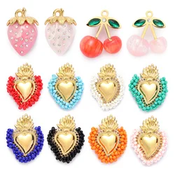 3pcs/Lot Stainless Steel Enamel Jewelry Set Strawberry Earrings & Cherry Heart Necklace Pendant Colorful DIY Charm for Women