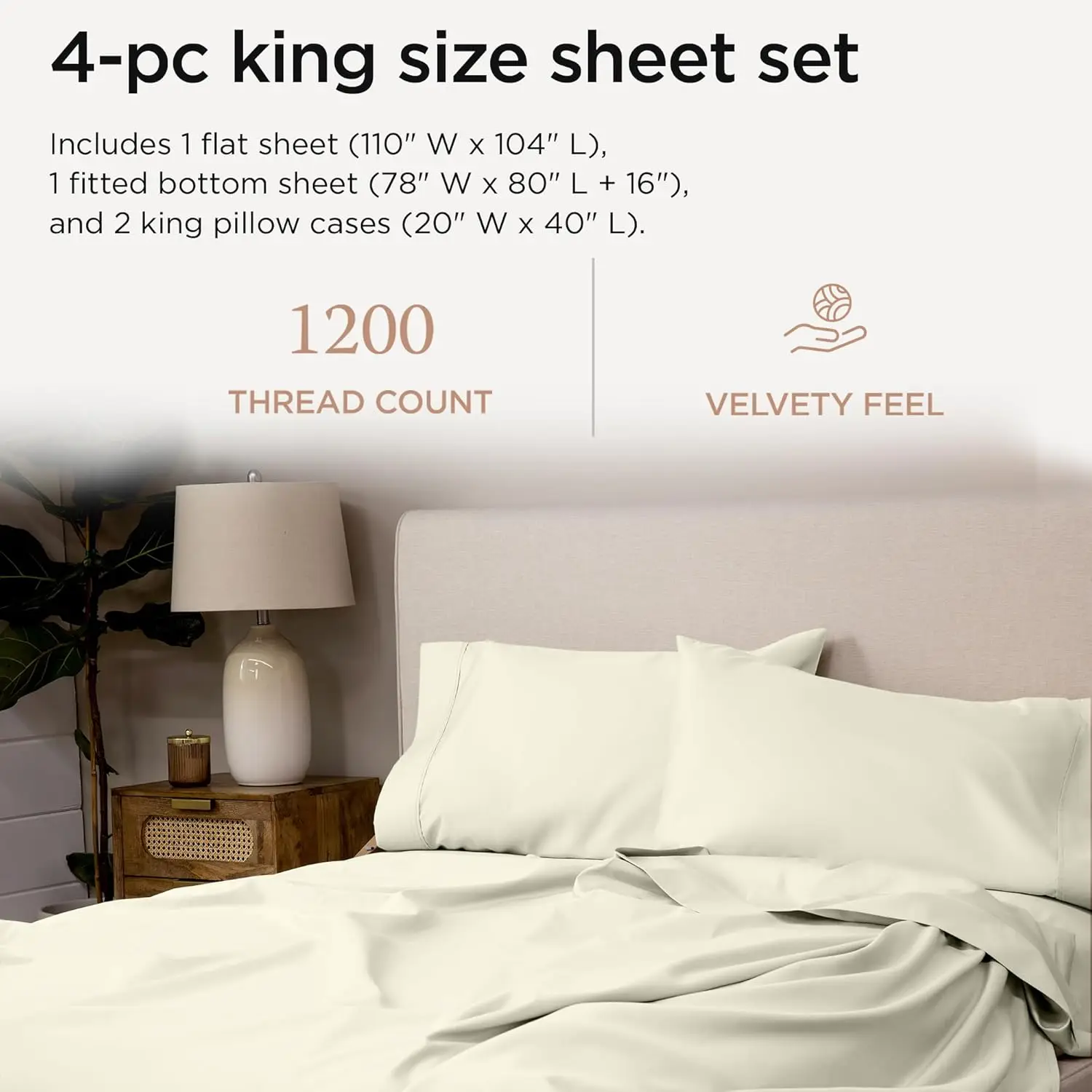 Threadmill 100% Supima Cotton Sheets, Premium 1200 Thread Count Cotton Sheets For King Size Bed, 4 Pc Ivory King Bed Sheets