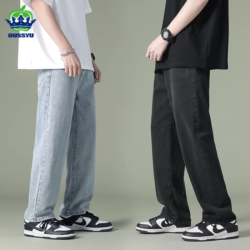 

Autumn Winter Men Jeans Brand Pants Young Boys Student Casual Elastic Waist Pants Mouth Wide Leg Long Retro Streetwear Hip Hop