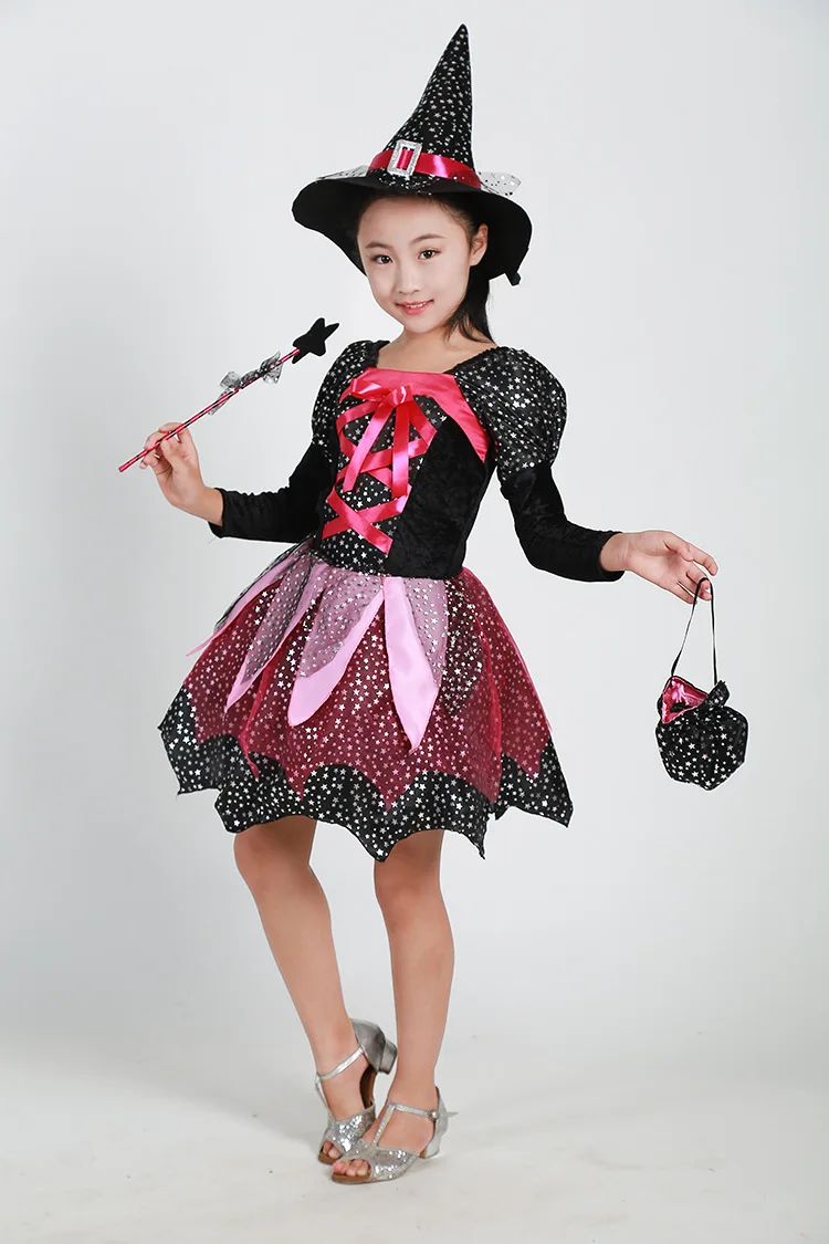 Kids Halloween Witch Magic Fairy Sparkly Mesh Tutu Dress With Hat Candy Bag Wand Outfit For Carnival Masquerade Party Role Play