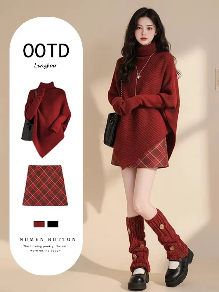 

Красный вязаный свитер и клетчатая юбка для женщин, комплект с высокой талией, прямого кроя, зимний модный повседневный костюм из двух предметов