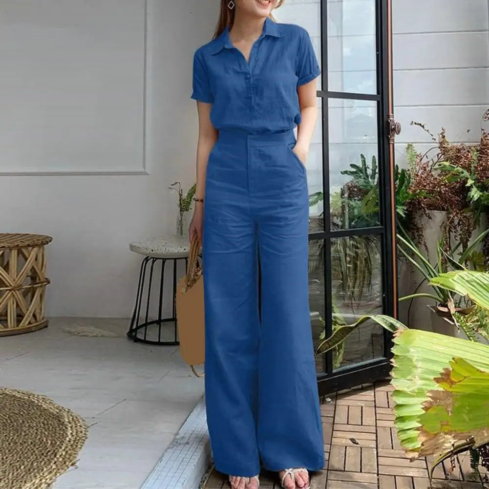 Women Two-piece Suit Women\'s 2-piece Suit Set with Lapel Shirt Short Sleeve Wide Leg Pants Solid Color High Waist for Ladies