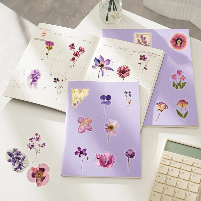 10/30/50 Uds. Pegatinas de Material de planta PET transparente de flor de color Lolium púrpura para taza de agua teléfono ordenador portátil equipaje
