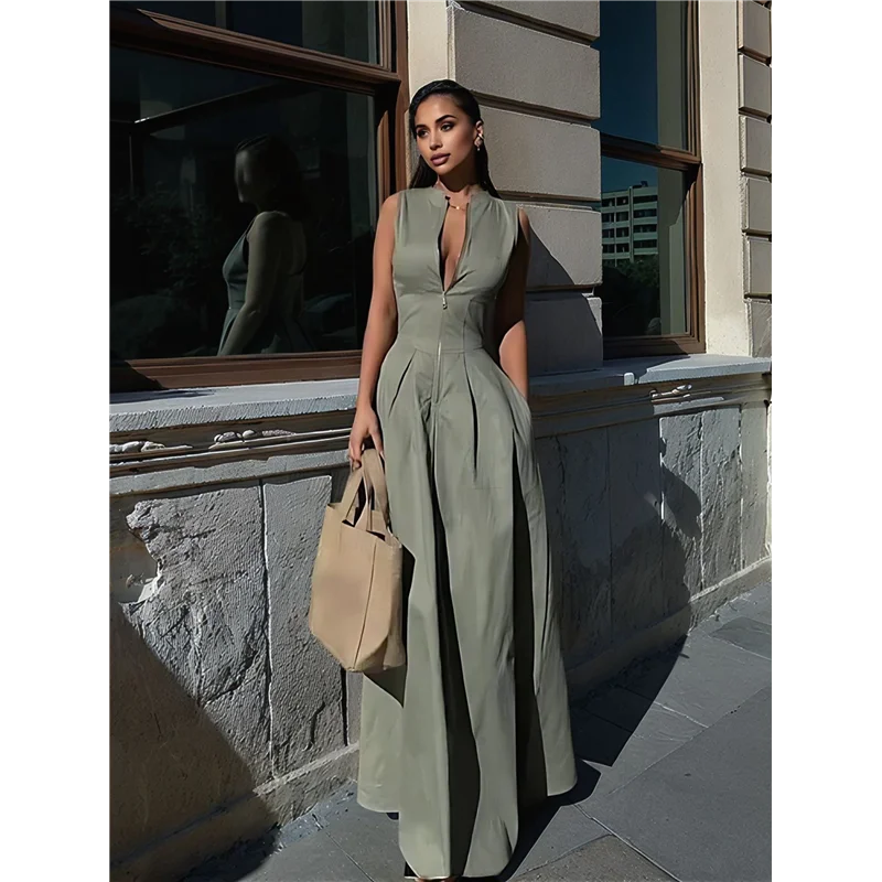 CGS-Abito longuette casual estivo diviso da donna con scollo a V profondo e maniche ad aletta con cerniera e vita elastica con tasche