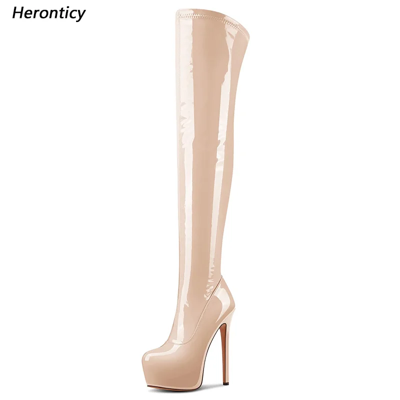 Handcrafted Fuchsia Patent Leather Thigh-High Boots - Chunky Platform Stiletto Heels, Pole Dance Performance Costume Size 35-48